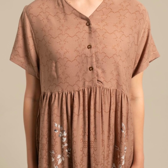 Bronze Color Button Front Dress, Mandarin Collar Dress - Picture 4 of 8